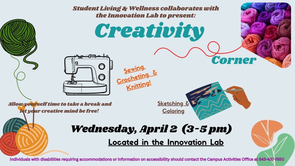 Image of a sewing machine, yarn, and sketch pad. Includes title, date, and location of event.